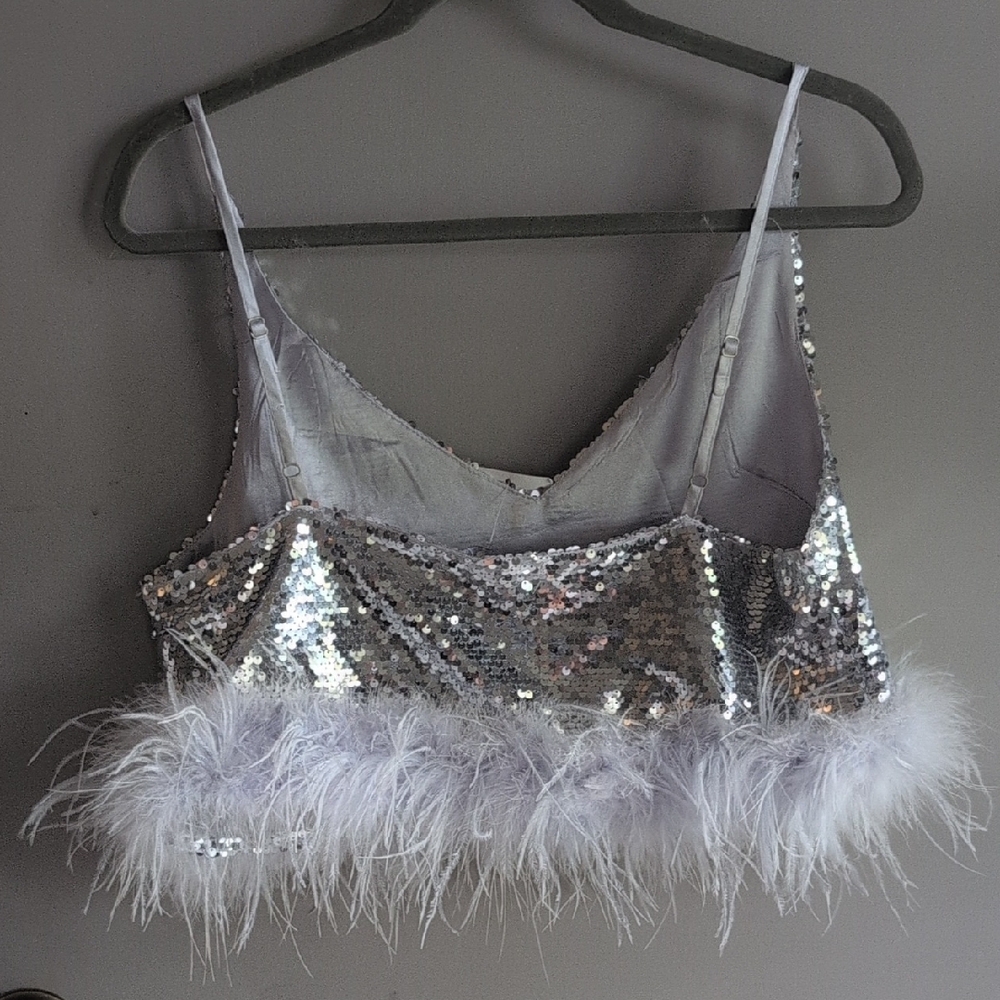 Silver Sequin Camisole with Feather Trim - Picture 3 of 8